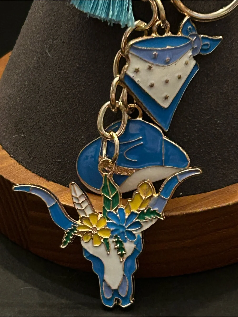 Mint Blue Floral Longhorn Western Design Bag Charm Keychain Key & Card Holder